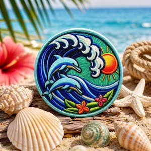 May include: Embroidered patch featuring two dolphins leaping through ocean waves under a bright sun. The patch is round with a turquoise border, and the design includes blue, green, and orange colors. The patch is surrounded by seashells and a starfish on a sandy beach.