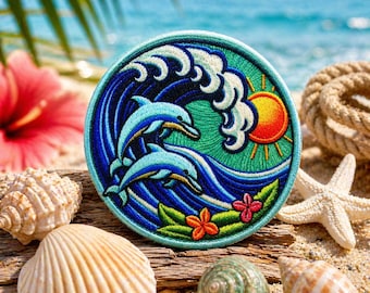 Dolphins & Ocean Waves Patch/Iron-On Patch/Coconut Girl/Sea Life/Beach Gift/Sew-on Applique for Clothing Vest/Jacket Hats Backpack Tote Bag