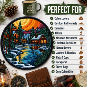 Lake Patch/Iron-On Patch/Nature Badge/Mountain Winter Scene/Cabin in the Woods/Sew-on Applique for Clothing Vest/Jacket Hats Backpack