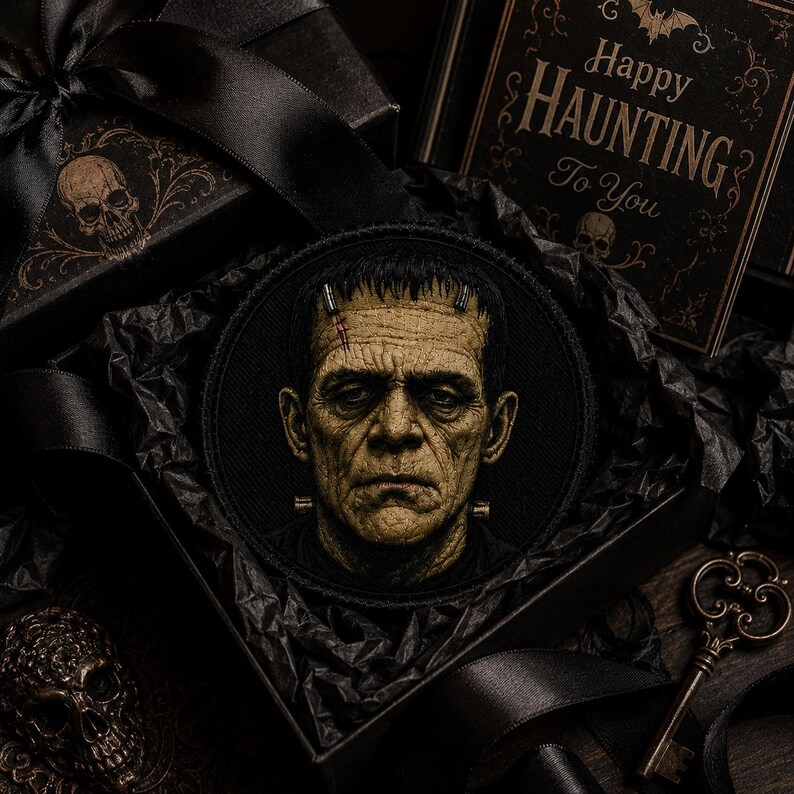 May include: A circular embroidered patch featuring a detailed portrait of Frankenstein's monster with green skin, dark hair, and metallic neck bolts. The patch is presented inside a black gift box with black tissue paper and a black satin ribbon.
