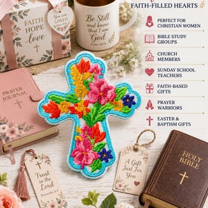 May include: A gift set featuring a white mug with gold interior and text, a prayer journal, a Holy Bible, a bookmark with a tassel, a gift tag, and a decorative cross ornament embroidered with vibrant red, pink, yellow, and blue floral patterns.