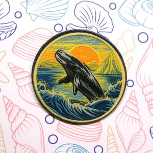 Whale in the Ocean Patch Iron-on/Sew-on Applique for Jackets, for Backpack, for Clothing, Nature & Animals, Sea Life, Sharks, Dolphins, Fish