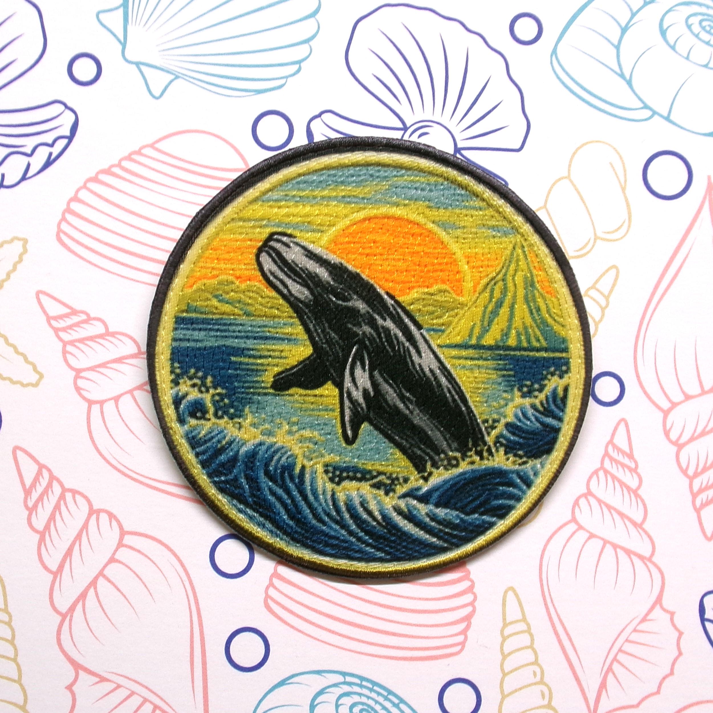 Whale in the Ocean Patch Iron-on/Sew-on Applique for Jackets, for Backpack, for Clothing, Nature & Animals, Sea Life, Sharks, Dolphins, Fish