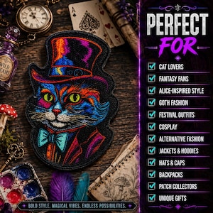 May include: An embroidered patch featuring a cat wearing a top hat and a bow tie, rendered in vibrant blue, red, and purple threads on a black background. The patch is surrounded by a pocket watch, playing cards, and a paint palette.