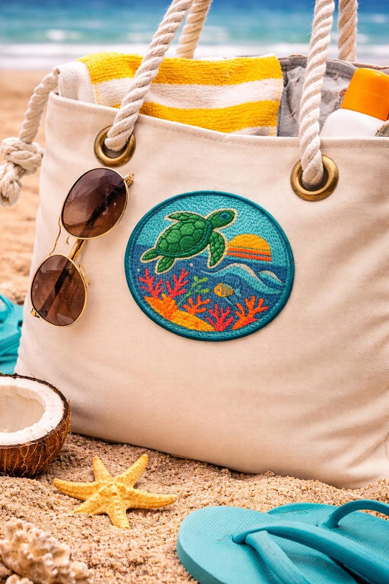 May include: A cream-colored beach tote bag with a turtle patch, sunglasses, and a yellow and white striped towel. The patch features a green turtle, coral, and a sunset. A coconut, starfish, and blue flip-flops are on the sand.