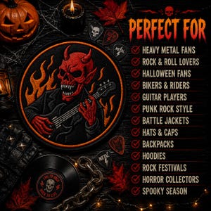 May include: A circular embroidered patch featuring a red horned skull character playing a black electric guitar against orange flames. The image includes text listing various uses, a pumpkin, a candle, guitar picks, and a vinyl record.