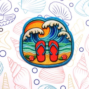 Flip Flop Patch Iron-on/Sew-on Applique for Vest Jacket Clothing Backpack Tote Bags, Travel Souvenir, Ocean Wave, Sun, Beach Sand & Fun