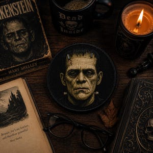 May include: A circular embroidered patch featuring a detailed portrait of Frankenstein's monster with pale green skin, dark hair, and metallic neck bolts, set against a black background with a stitched border, presented as a decorative textile item.
