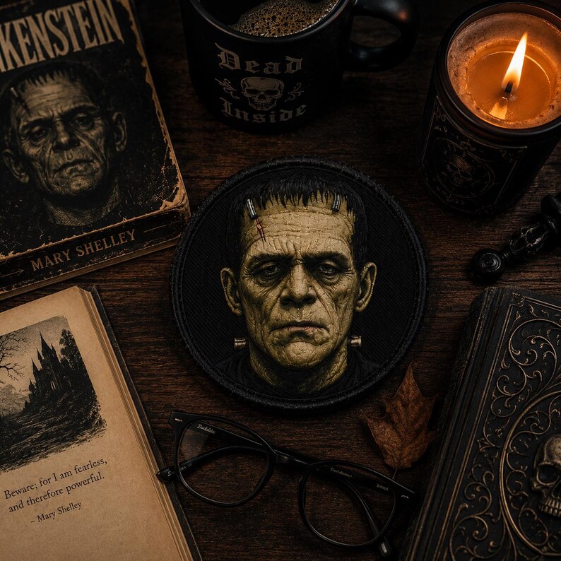 May include: A circular embroidered patch featuring a detailed portrait of Frankenstein's monster with pale green skin, dark hair, and metallic neck bolts, set against a black background with a stitched border, presented as a decorative textile item.