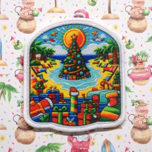 Christmas Tree at the Beach Patch Iron-on/Sew-on Applique for Vest Jacket Clothing Backpacks Tote Bags, Festive Patch, Santa's Elves, Fun