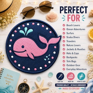 May include: A circular navy blue embroidered patch featuring a pink whale with a light blue water spout, surrounded by a border of alternating pink and white dots. The patch includes text listing various uses and application methods like sew-on.