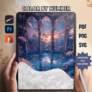 Könnte beinhalten: Ein digitales Malen-nach-Zahlen-Kunstwerk, das auf einem Tablet angezeigt wird. Das Kunstwerk zeigt eine ruhige Teichszene mit Koi-Fischen, Lotusblumen und architektonischen Säulen. Der Text enthält "DIGITAL COLOR BY NUMBER", "PDF", "PNG", "SVG" und ".SWATCHES FILE INCLUDED!"