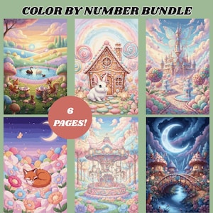 May include: A bundle of six color-by-number pages featuring whimsical illustrations. The images include a gingerbread house with a bunny, a castle, a carousel, and other fantasy scenes. The text "COLOR BY NUMBER BUNDLE" and "6 PAGES!" are displayed.
