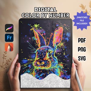 May include: A digital colour-by-number image of a rabbit in bright neon colours displayed on a tablet. The image includes the text "DIGITAL COLOR BY NUMBER" and file format options: PDF, PNG, and SVG. A stylus is held near the tablet.