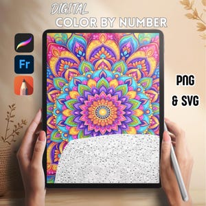 May include: A digital color-by-number mandala design displayed on a tablet. The mandala features a vibrant array of colors, including pink, purple, yellow, and blue. The image also includes the text "DIGITAL COLOR BY NUMBER" and "PNG & SVG".