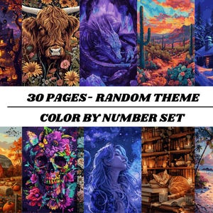 Puede incluir: Una colección de sets de colorear por números de 30 páginas con un tema aleatorio. La imagen muestra varias ilustraciones coloridas, incluyendo paisajes, animales y escenas de fantasía. El texto en la imagen dice "30 PAGES - RANDOM THEME COLOR BY NUMBER SET."