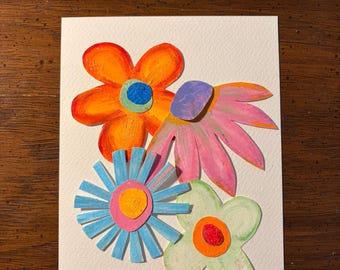 Custom Oil Pastel Flower Bouquet Artwork | Hand-Cut Floral Keepsake | 5x7 Original Art