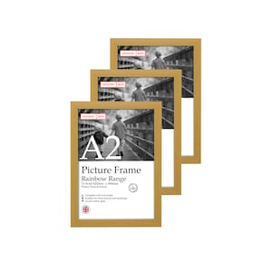 May include: Three natural wood picture frames in different sizes, all with a black and white photo of two children walking on a bridge. The largest frame is labeled "A2 Picture Frame Rainbow Range" and includes the dimensions "To hold 420mm x 594mm Photos, Prints & Posters".