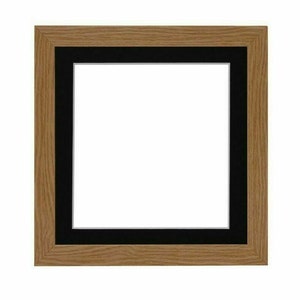 May include: A square wooden picture frame with a black mount. The frame is light brown and has a simple design.