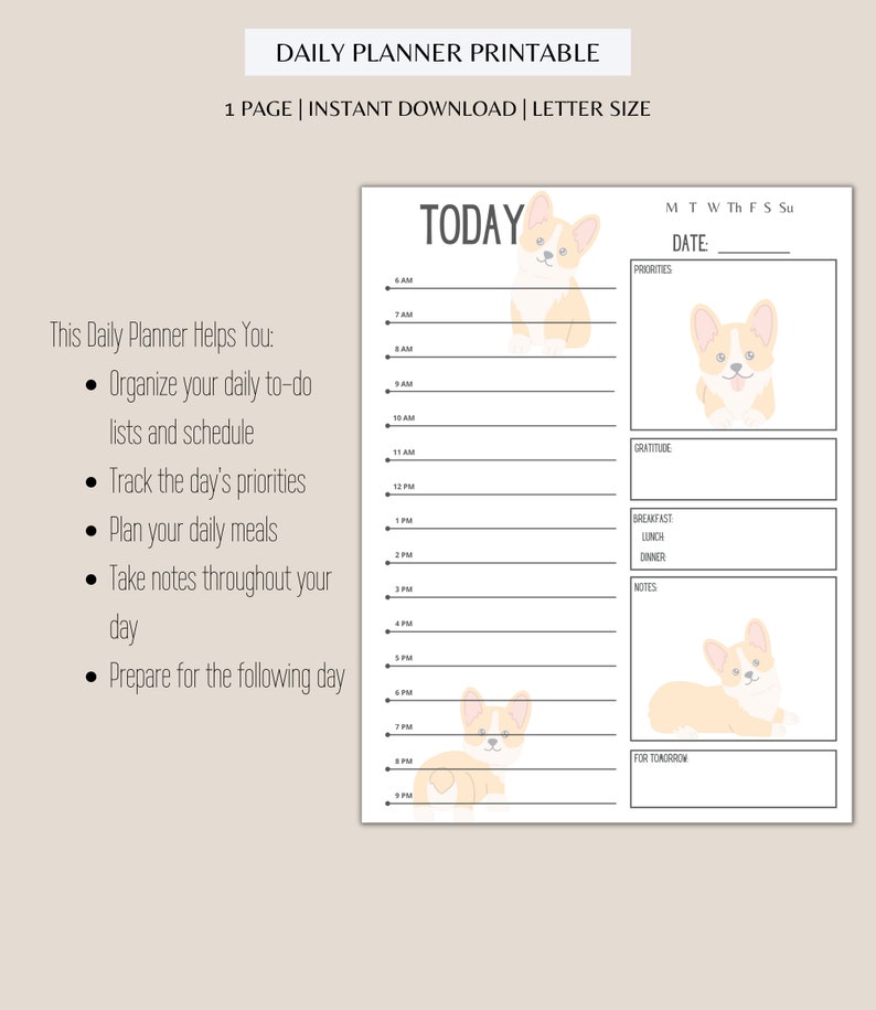 Corgi Daily Planner Printable Undated Daily Planner Daily To-do List ...