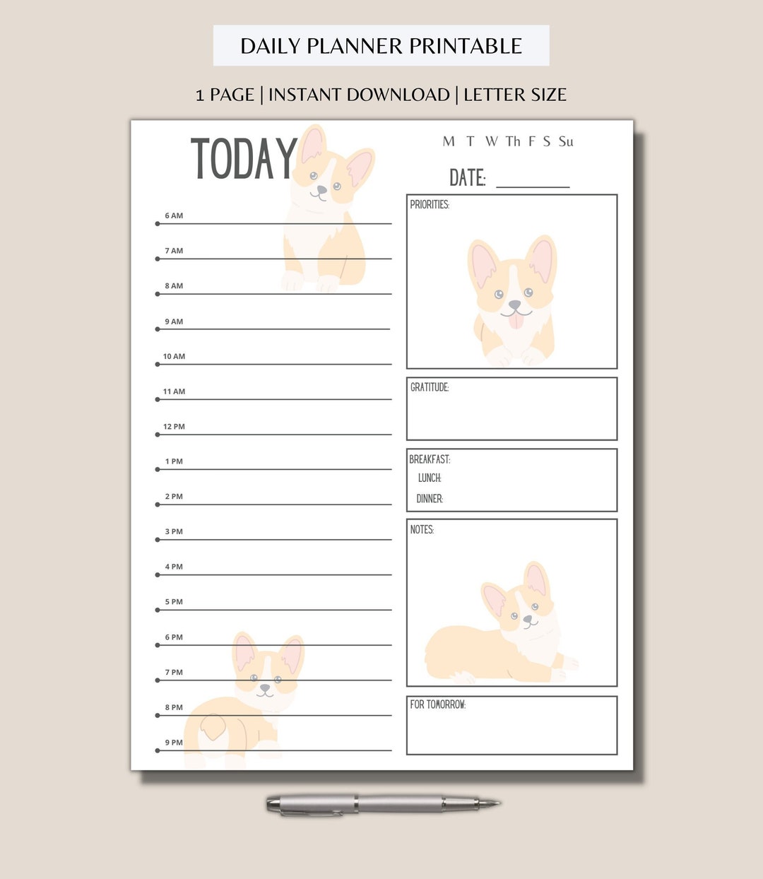 Corgi Daily Planner Printable Undated Daily Planner Daily To-do List ...