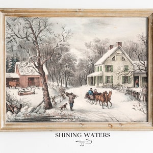 Idyllic Winter Scene Painting | Printable Wall Art | Instant Digital Download | Currier and Ives