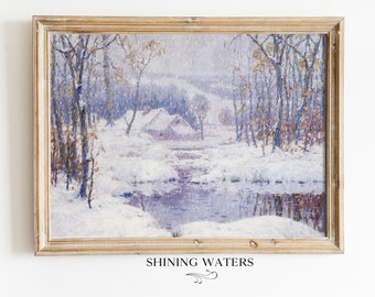 Vintage Snowy Landscape Painting Print | Winter Printable Wall Art | Instant Digital Download