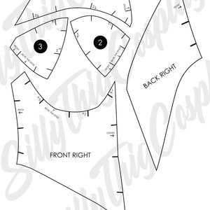 May include: A black and white sewing pattern for a costume with three pieces labelled "Front Right", "Back Right", and "Front". The pattern includes instructions to "bevel this edge" and numbers for each piece.
