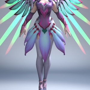 May include: A female character with green hair and wings, wearing a pink and purple dress with a green and white skirt. She has a green and white halo and is wearing pink shoes.