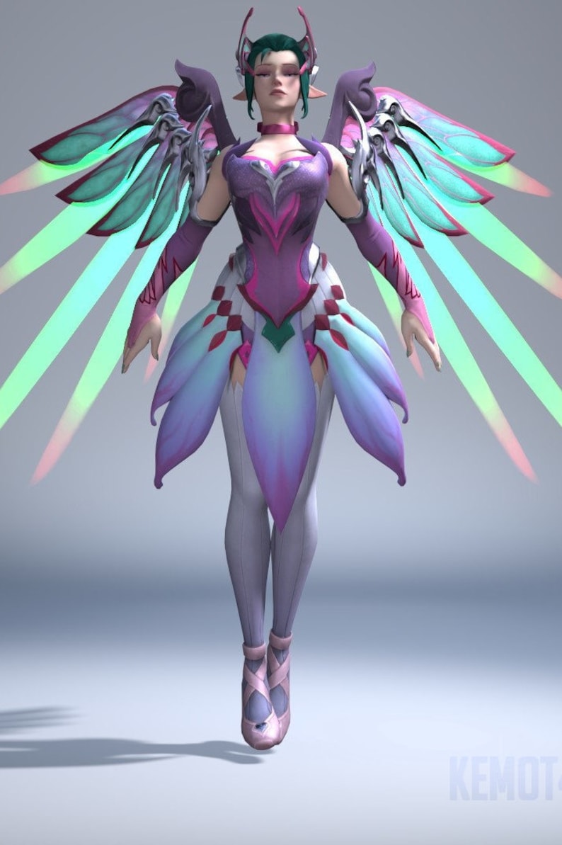 May include: A female character with green hair and wings, wearing a pink and purple dress with a green and white skirt. She has a green and white halo and is wearing pink shoes.