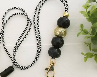 Teacher Lanyard, Black and Gold Lanyard, Clay Bead Lanyard, paracord lanyard, glitter lanyard with beads, gold + black, LulaLina Design