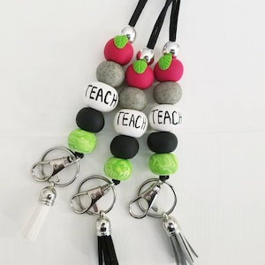 Apple Teacher Lanyard, Teacher Beaded Lanyard, lanyard with beads, clay bead lanyard, beaded polymer, Lulalina Design, teacher gift, lanyard