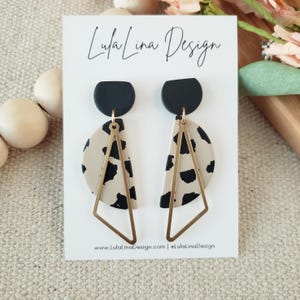 Cheetah Print Dangle Earrings | Leopard Clay Earrings | Animal Print Earrings | Half Circle Earrings  | Neutral Beige Print | Lightweight