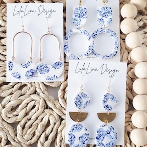 Santorini Tile Dangle Earrings,Porcelain Grecian Pottery, Vacation Blue White Jewelry, Lightweight Clay, Mediterranean Jewelry