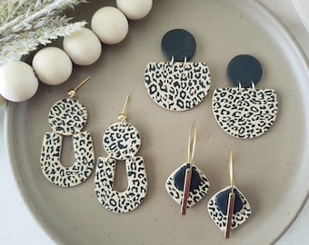 Cheetah Print Clay Earrings Gold Hoops, Statement Jewelry, Leopard Print, Everyday Animal Print, Neutral Earrings, Tan and Black Earrings