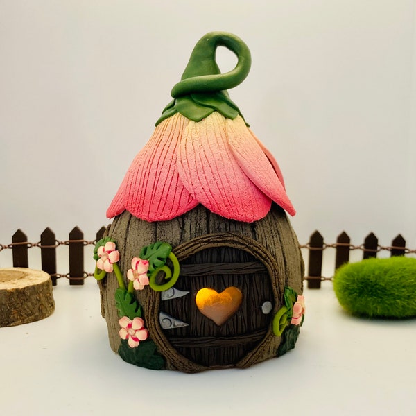 Fairy House handmade pink polymer clay candle gnome flower house