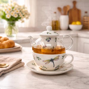 Op de afbeelding: Een glazen theepot met een bloemeninfuser staat op een kop en schotel. De kop en schotel hebben een libellenontwerp. Stoom stijgt op van de thee. De set staat op een marmeren aanrecht.