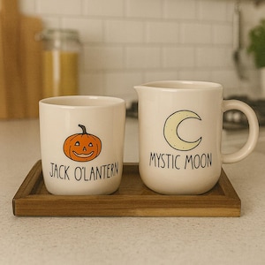 Rae Dunn Halloween Mug Set – Jack O’Lantern Mystic Moon Ceramic Coffee Cups with Wooden Coasters | Fall Kitchen Decor, Pumpkin Moon Gift
