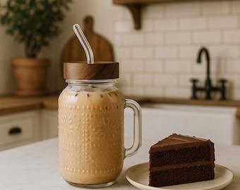 Glass Iced Coffee Tumbler with Wooden Lid & Straw – 32oz Mason Jar Cup for Iced Latte, Tea Cold Drinks – Farmhouse Kitchen Aesthetic Cup