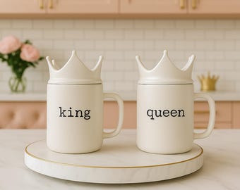 Mokken koning en koningin - keramische mokken met kroondeksel, koffiekopjes voor stellen, koninklijk cadeau voor hem en haar, bijpassende bekers koning koningin, jubileumcadeau