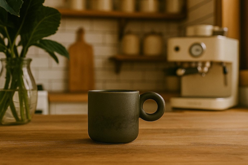 Olive Green Ceramic Mug – Modern Espresso Cup with Round Handle, Farmhouse Kitchen Coffee Mug, Minimalist Stoneware Gift for Coffee Lovers