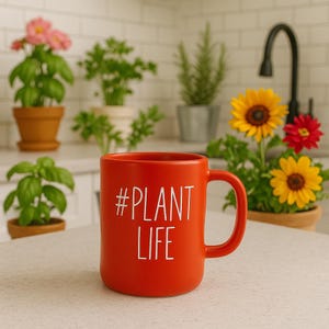 Puede incluir: Una taza roja vibrante con el texto "#PLANT LIFE" en blanco. La taza está en un entorno de cocina, rodeada de plantas y flores en macetas, incluyendo girasoles y albahaca. Una taza alegre para cualquier amante de las plantas.
