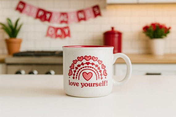 Love Yourself Mug – Red Heart Coffee Cup | Self Love Ceramic Mug with Rainbow Hearts | Inspirational Gift for Women & Men