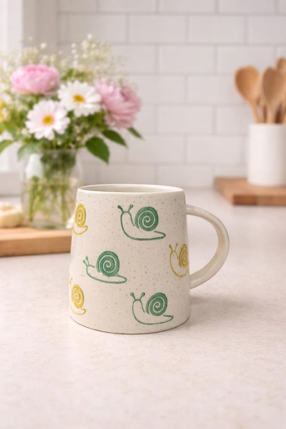 Snail Mug, Cute Snail Coffee Mug, Whimsical Ceramic Mug, Cottagecore Kitchen Decor, Nature Lover Gift Mug