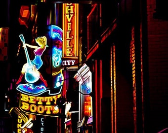 Broadway, Honky Tonk, Betty Boots Downtown Nashville, Neon,  Photography Print