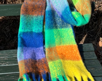 Mohair double-sided Plaid rainbow warm Christmas scarf.Cozy Checked Long Scarf,