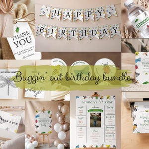 May include: A collection of birthday party supplies with a bug theme. Includes a banner that says "Happy Birthday", invitations, thank you cards, and a water bottle with a custom label. The theme is "Buggin' out birthday bundle".