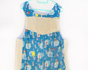 Retro Cotton Baby Romper: Blue Blocks Print, Size L