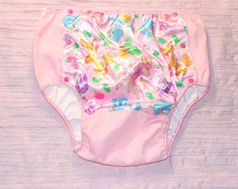 Adult Diaper Cover M: Pink Satin with Cartoon Print, Lace Trim Sissybaby