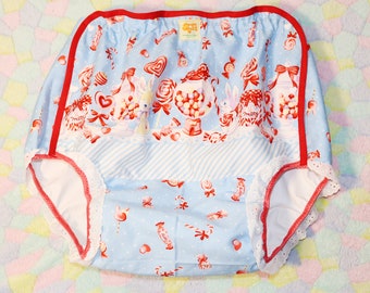 Adult Diaper Cover: Bunny Winter Candy Print, Waterproof PUL Fabric